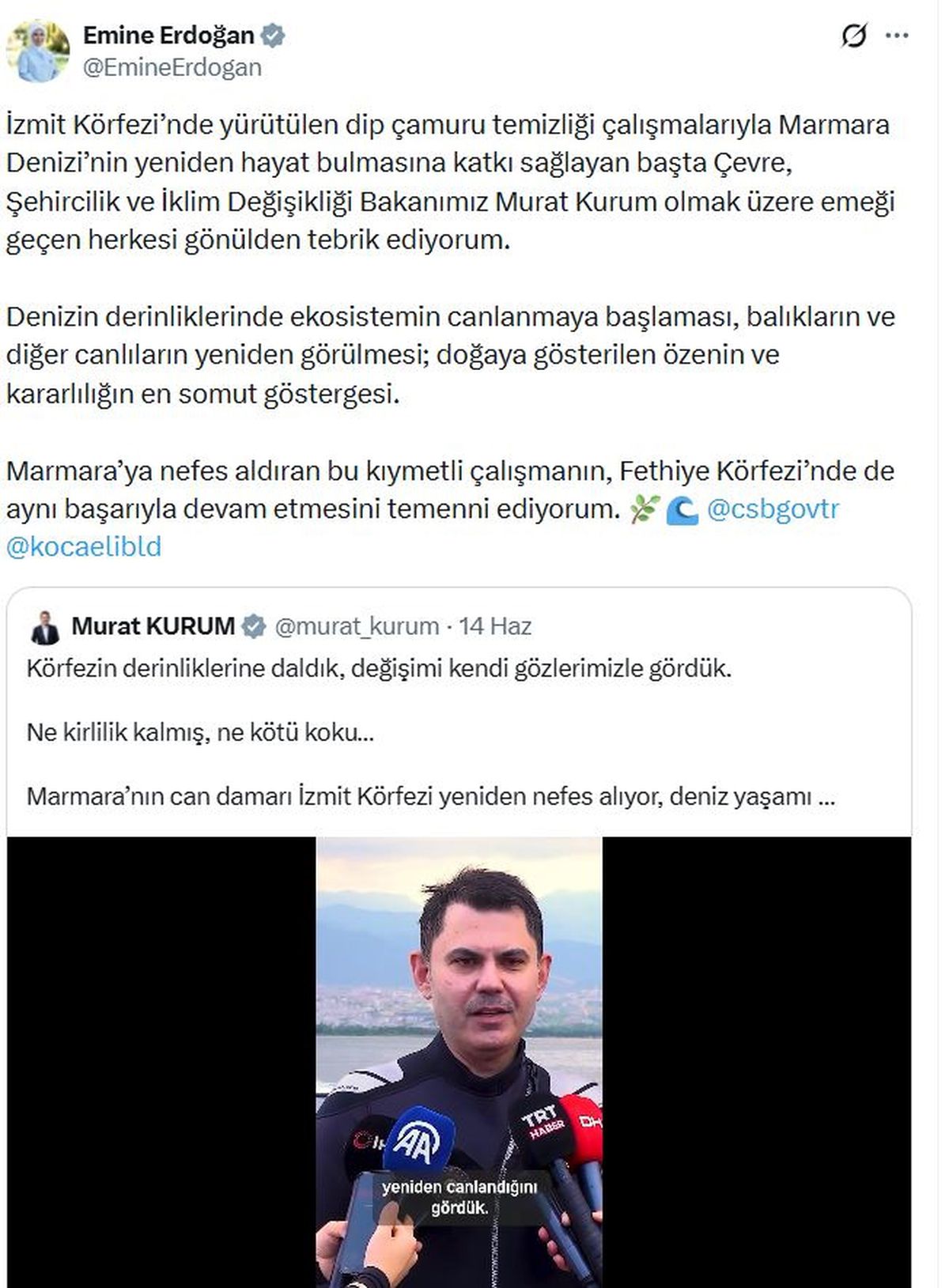 Emine Erdoğan\'dan dip çamuru temizliğine tebrik