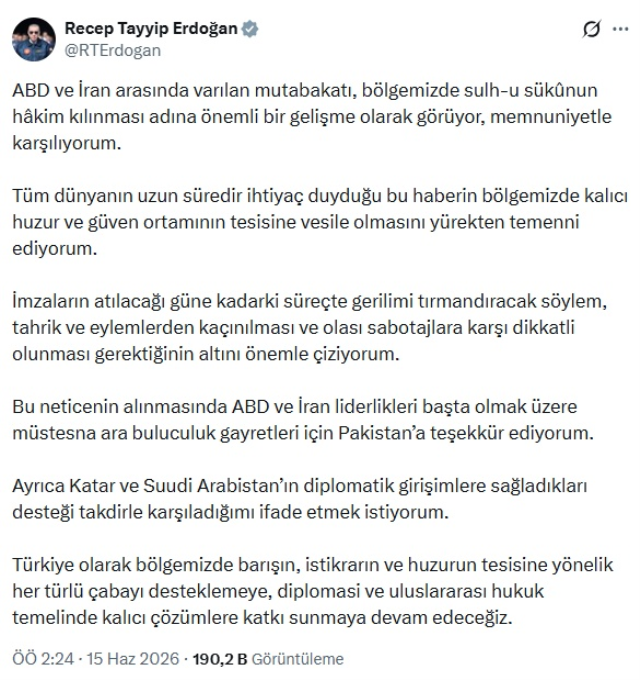Erdoğan'dan ABD-İran anlaşmasına ilk yorum: Sabotajlara karşı dikkatli olunmalı