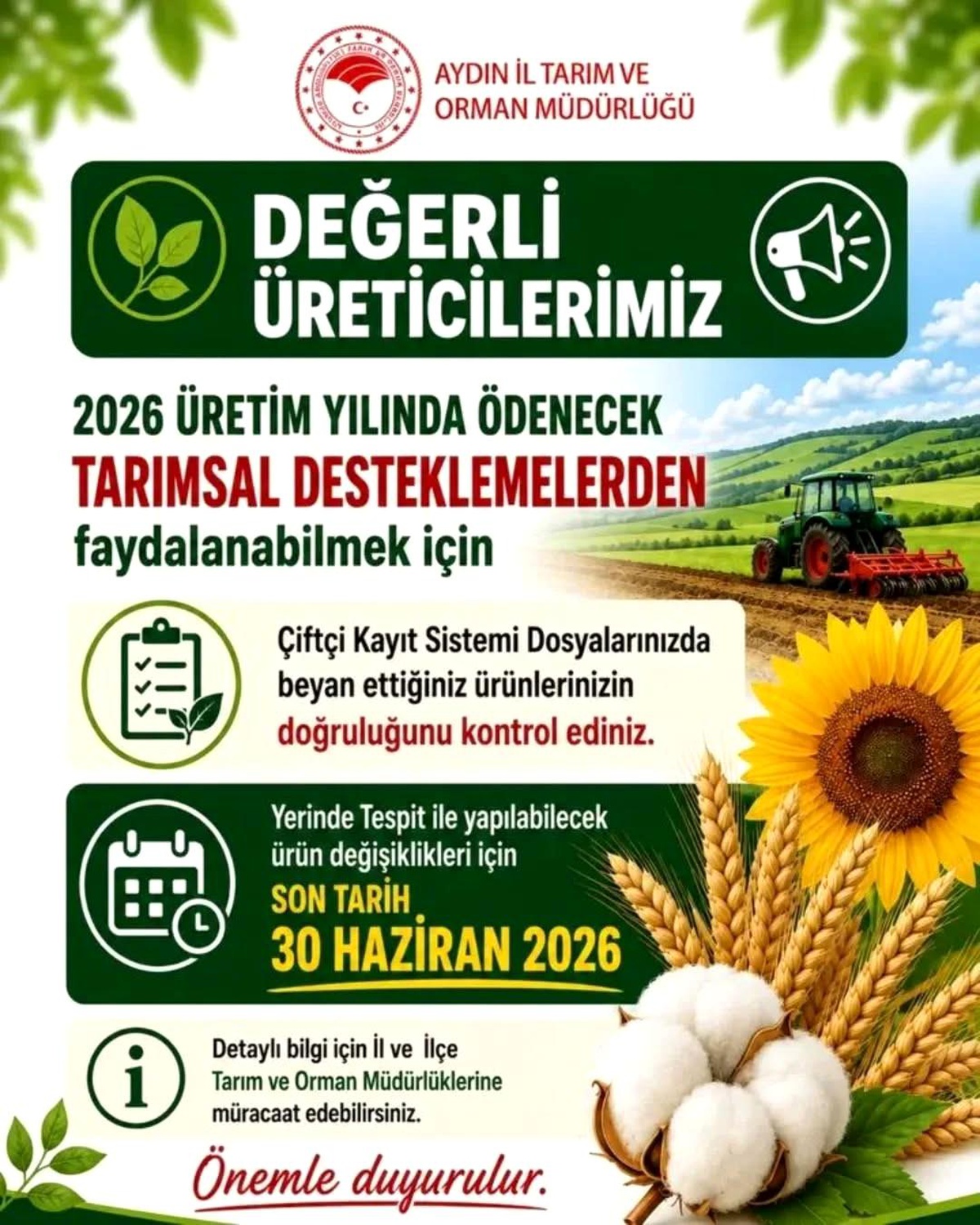 Üreticilere 2026 Tarımsal Destek Uyarısı