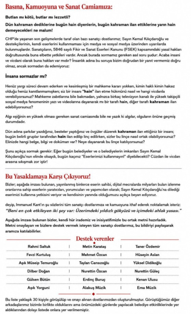 Bir grup sanatçıdan Kılıçdaroğlu'na destek açıklaması
