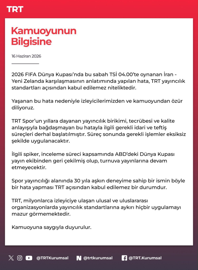 TRT'de Dünya Kupası krizi! Spiker görevden alındı 