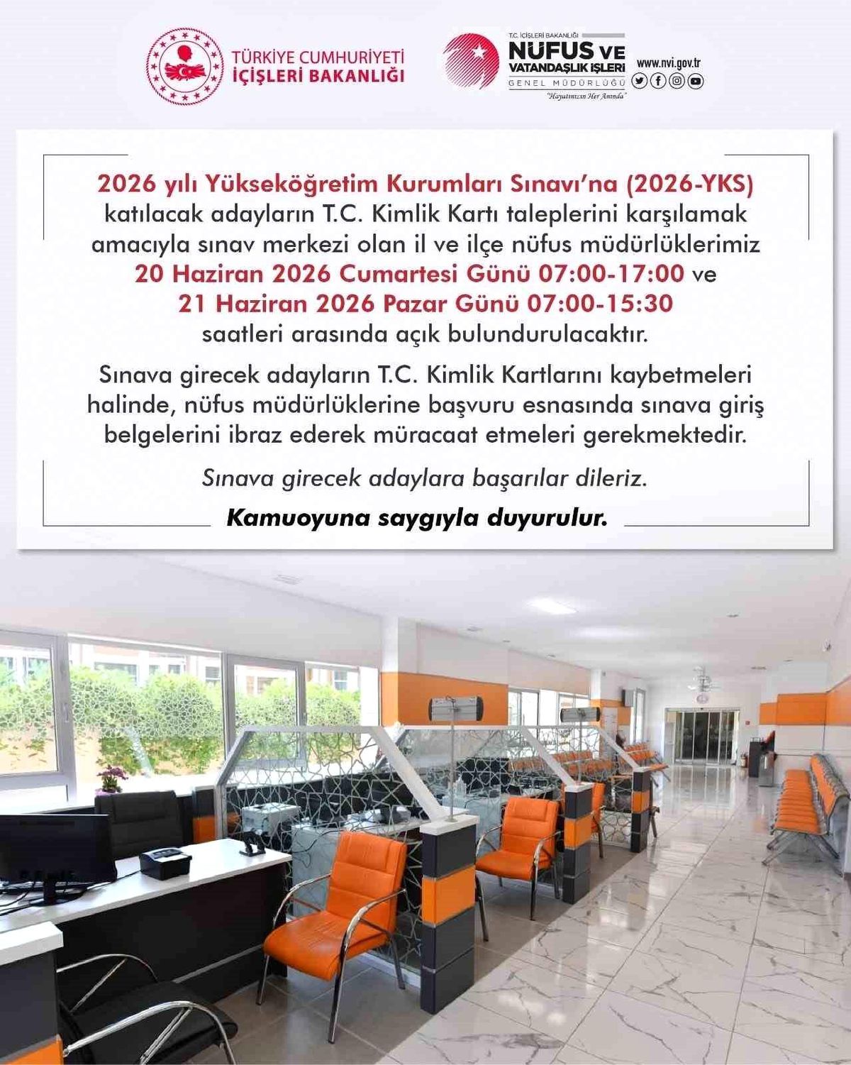 YKS Adaylarına Nüfus Müdürlükleri Açık