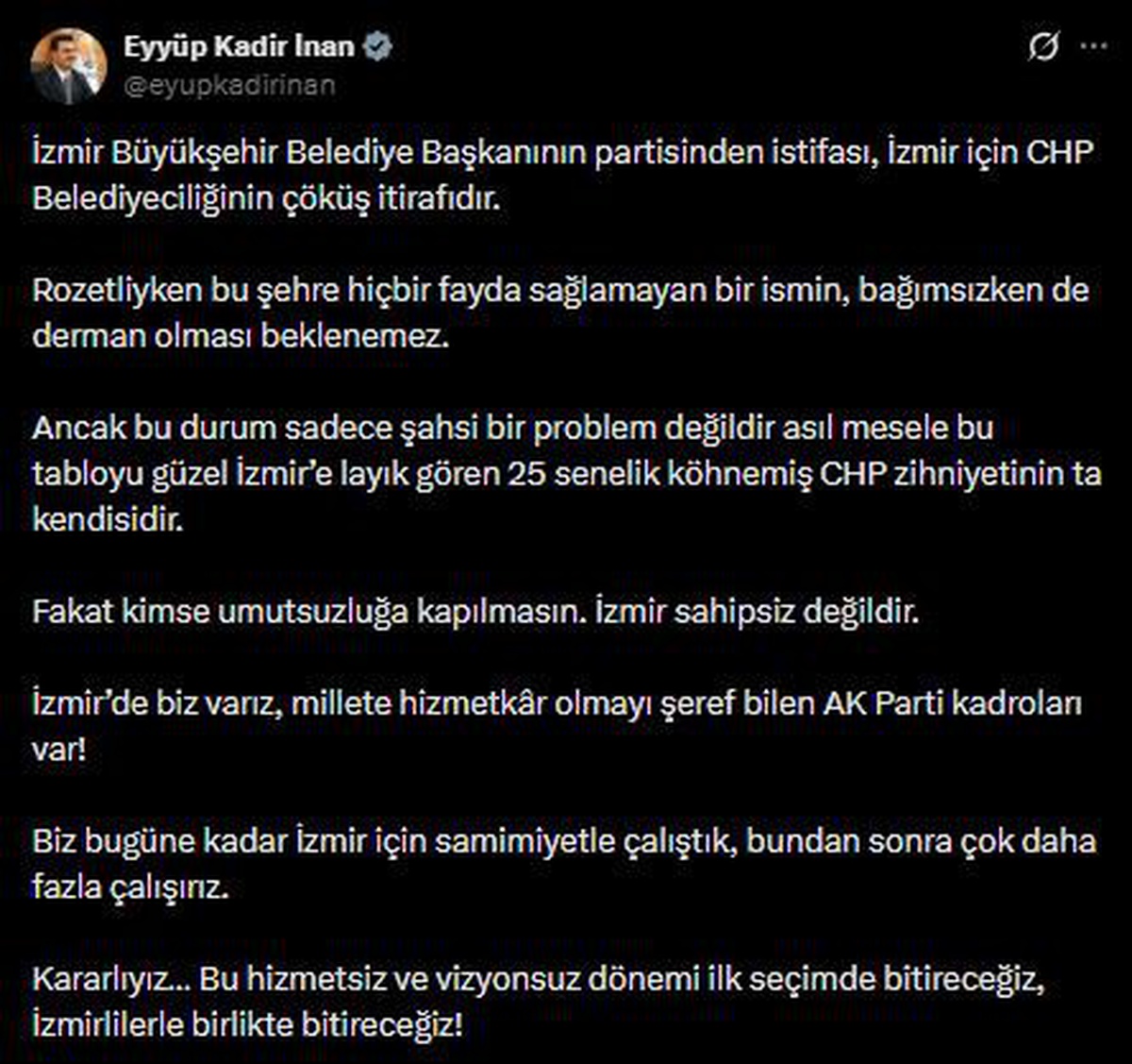 AK Parti Genel Sekreteri Eyyüp Kadir İnan\'dan Cemil Tugay\'ın CHP\'den istifasına ilk yorum