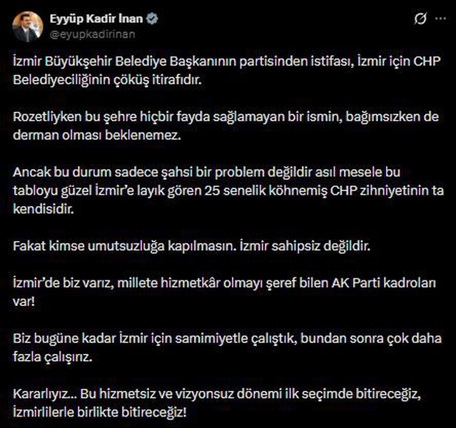 AK Parti Genel Sekreteri Eyyüp Kadir İnan’dan Cemil Tugay’ın CHP’den istifasına ilk yorum