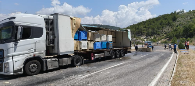 Seyir halindeki tırın dorsesi patladı, 15 ton balık atığı yola saçıldı