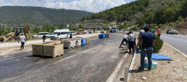 Seyir halindeki tırın dorsesi patladı, 15 ton balık atığı yola saçıldı