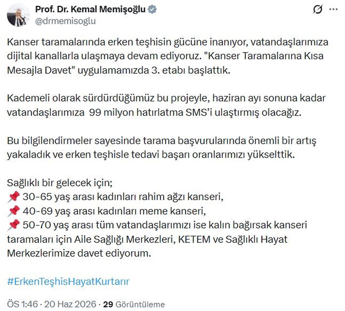 Kanser Taramalarına Davet Uygulaması Başladı