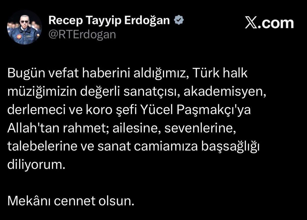 Erdoğan\'dan Yücel Paşmakçı İçin Taziye