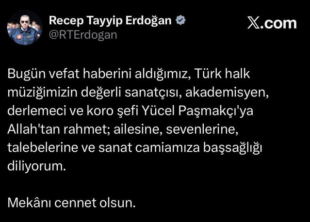 Erdoğan’dan Yücel Paşmakçı İçin Taziye