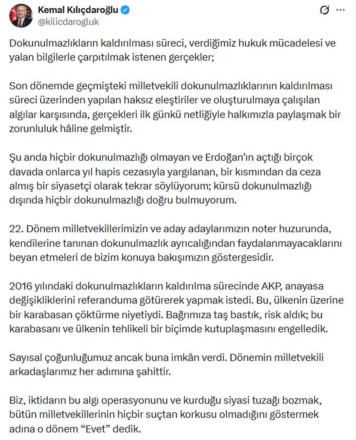Kılıçdaroğlu\'ndan Dokunulmazlık Açıklaması