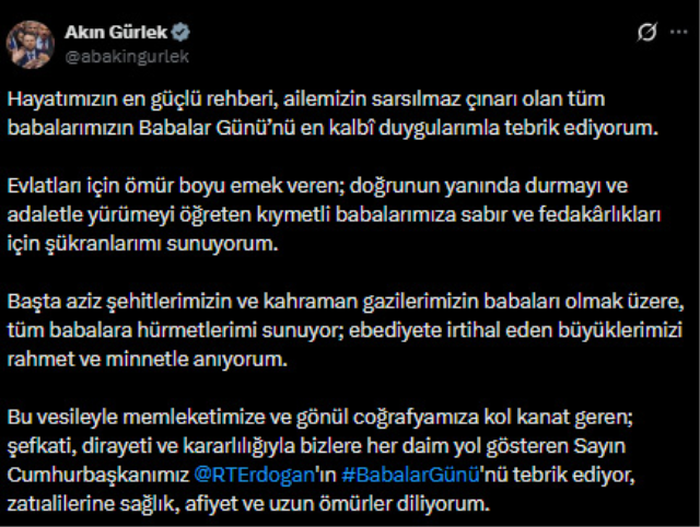 Bakan Gürlek'ten Babalar Günü mesajı: Cumhurbaşkanı Erdoğan'ı da tebrik etti