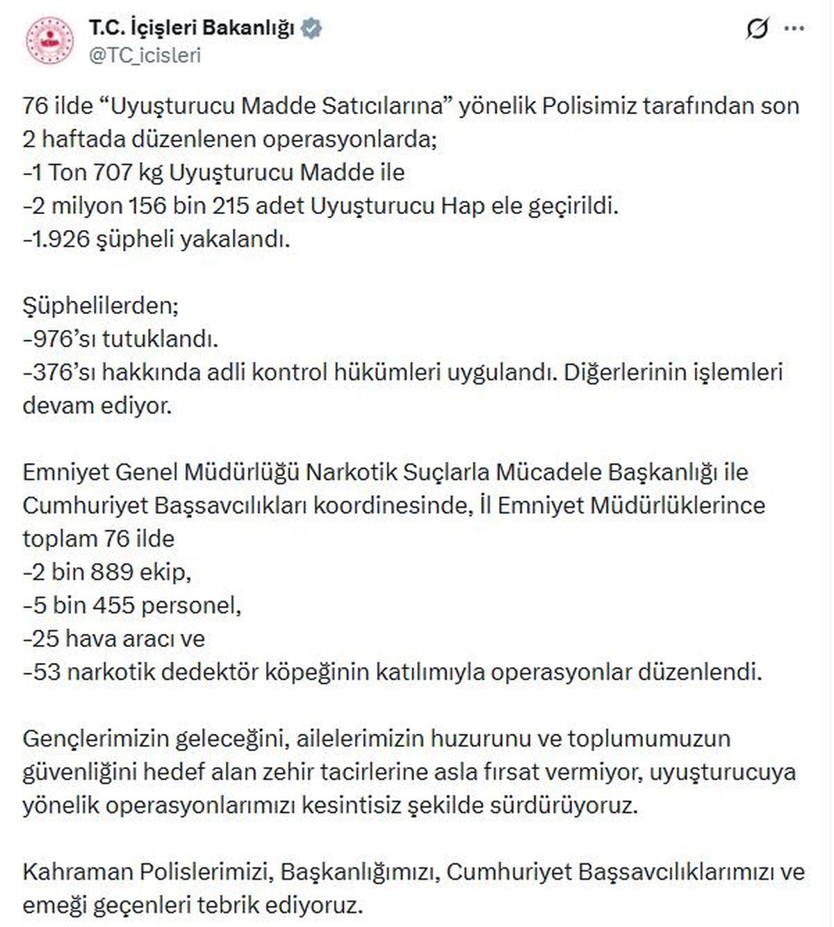 Uyuşturucu Operasyonları: 1926 Gözaltı