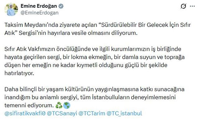 Emine Erdoğan’dan Sıfır Atık Sergisi Paylaşımı