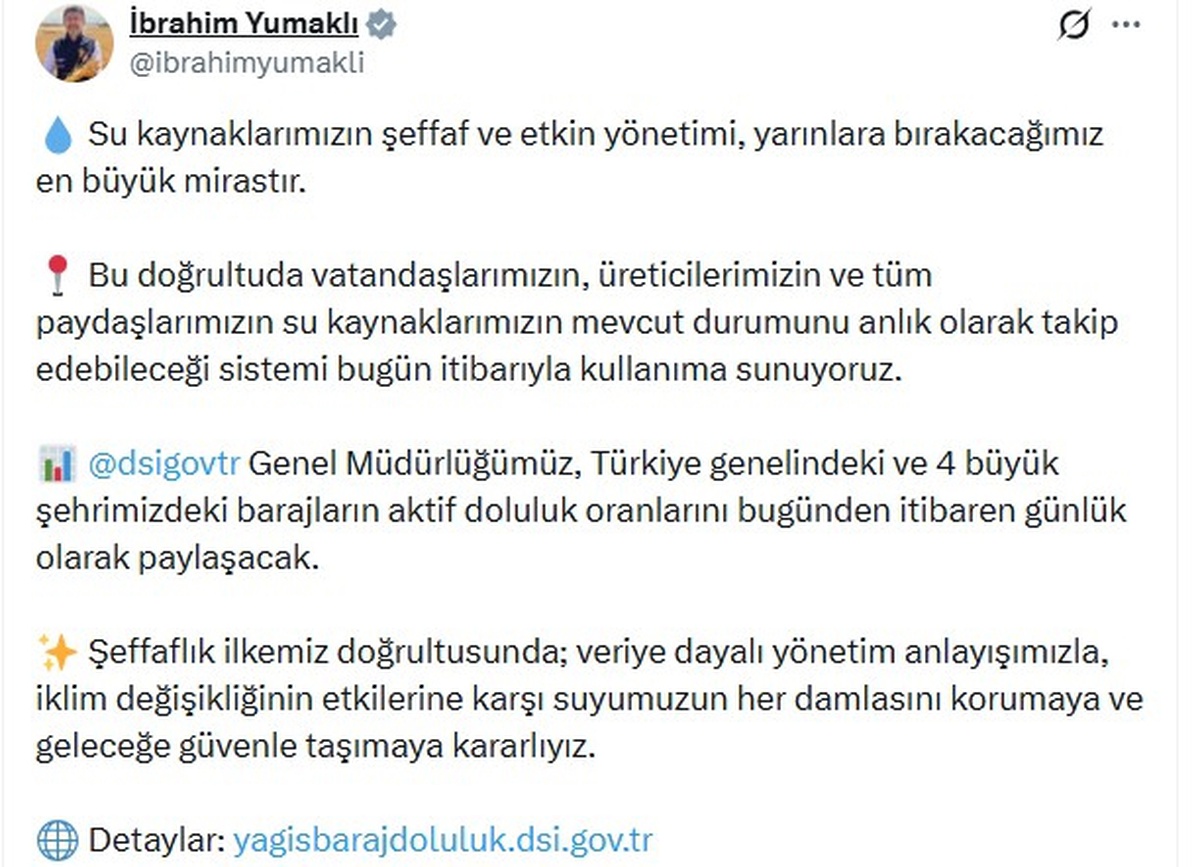 Baraj Doluluk Oranları Günlük Paylaşılacak