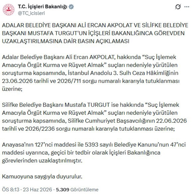 Tutuklanan Adalar ve Silifke Belediye Başkanları görevden uzaklaştırıldı