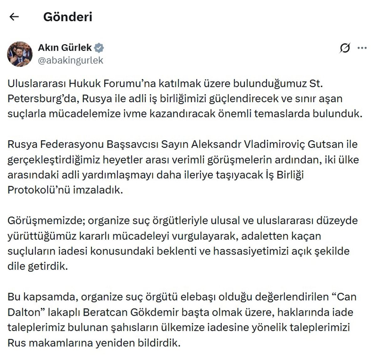 Bakan Gürlek\'ten İade Talepleri