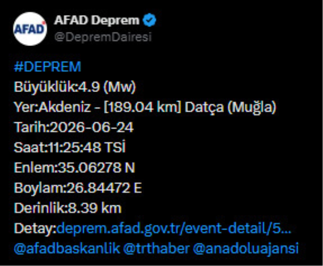 Datça açıklarında 4.9 büyüklüğünde deprem meydana geldi