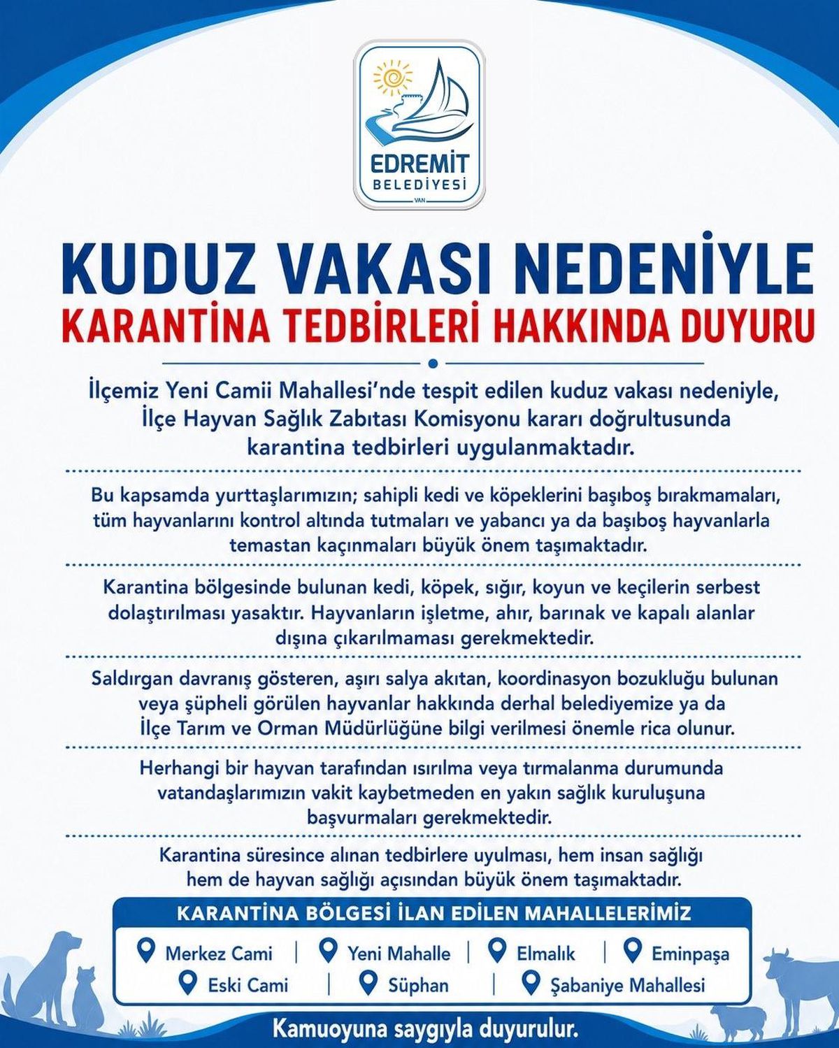 Van\'ın Edremit ilçesinde kuduz alarmı: 7 mahalle karantinaya alındı