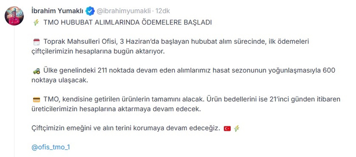 TMO, Hububat Alımında İlk Ödemeleri Başlattı