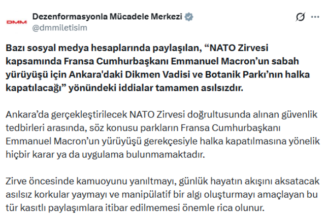 İletişim Başkanlığı: Macron'un sabah yürüyüşü için parkların kapatılacağı iddiası doğru değil
