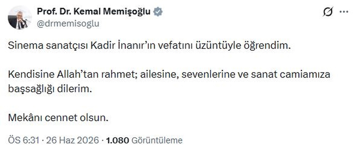 Kadir İnanır\'a Başsağlığı Mesajı