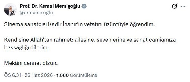 Kadir İnanır’a Başsağlığı Mesajı