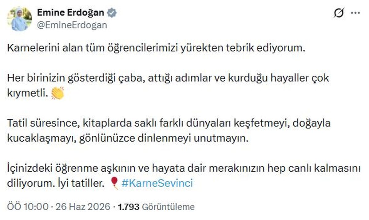 Emine Erdoğan\'dan öğrencilere karne mesajı