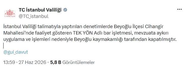 Beyoğlu’ndaki Bar Kapatıldı