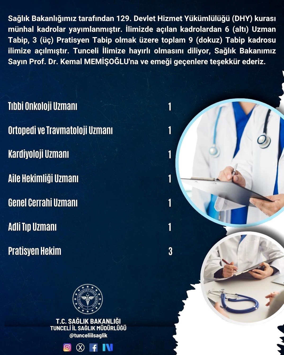 Tunceli\'ye 9 Yeni Hekim Kadrosu