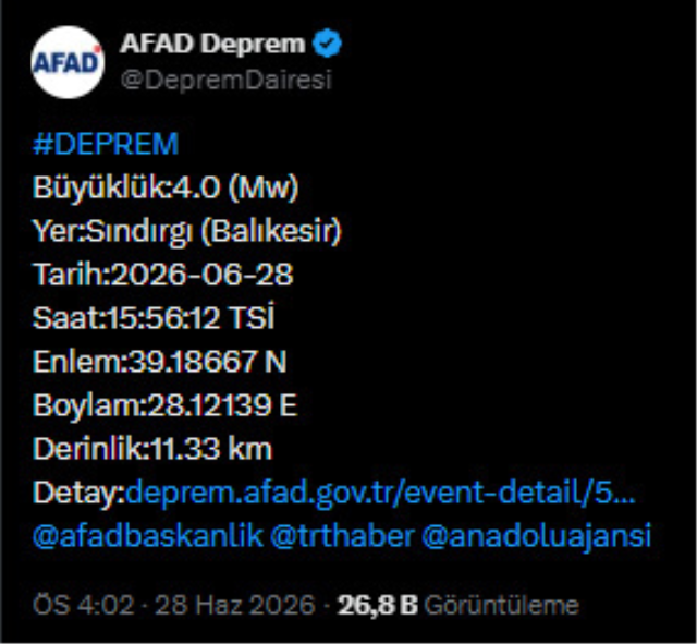 Balıkesir'de 4 büyüklüğünde deprem