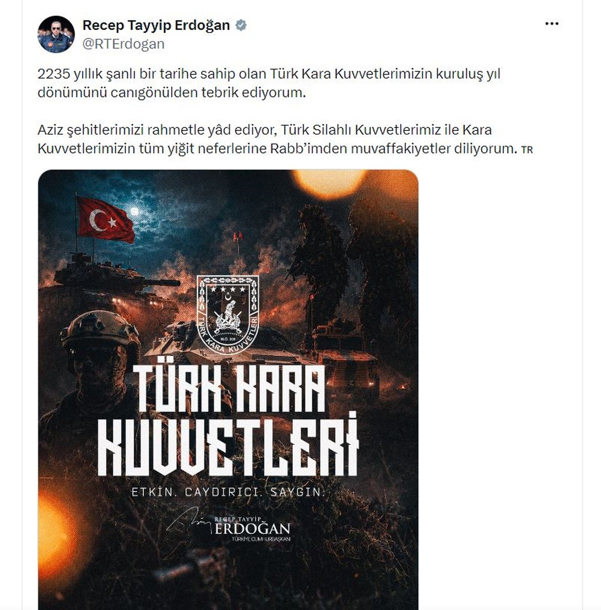 Erdoğan\'dan Kara Kuvvetleri\'nin 2235\'inci yıl dönümü kutlaması