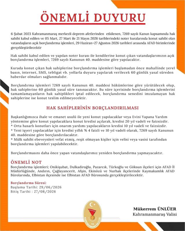 Kahramanmaraş’ta Konut Sahipleri için Borçlandırma Süreci Başladı