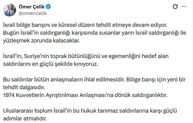 Çelik’ten İsrail’e Sert Tepki
