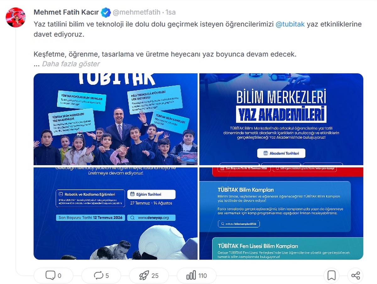 Öğrencilere TÜBİTAK Yaz Etkinlikleri Daveti