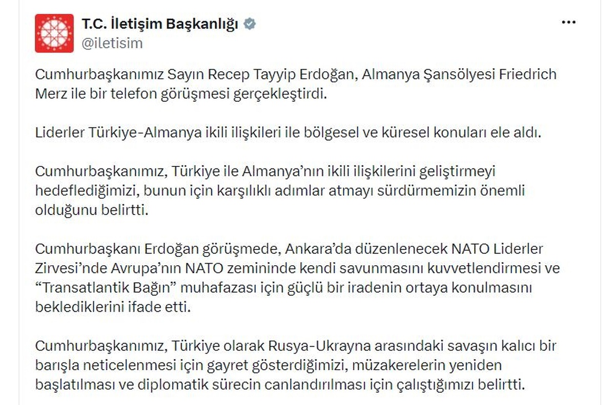Erdoğan ve Merz Telefon Görüşmesi: NATO Zirvesi ve Ukrayna Barışı Ele Alındı