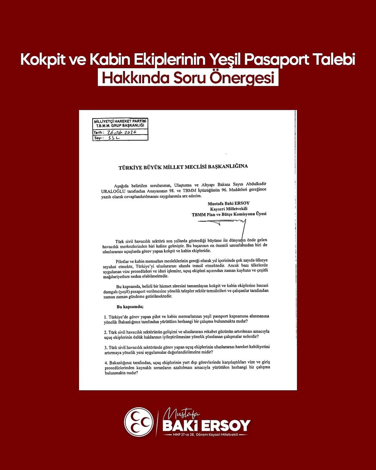 MHP\'li Ersoy\'dan Uçuş Ekiplerine Destek Önergesi
