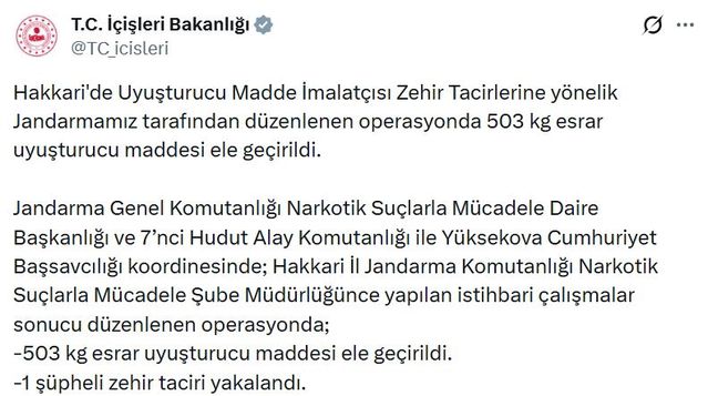 Hakkari’de 503 kg Esrar Ele Geçirildi