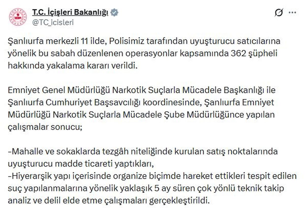 Şanlıurfa\'da Uyuşturucu Operasyonu: 362 Şüpheliye Yakalama Kararı