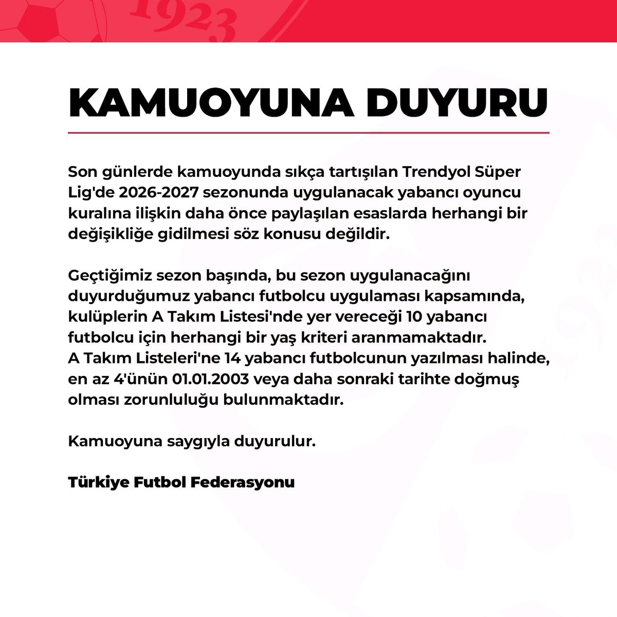 Yabancı Oyuncu Kuralında Değişiklik Yok