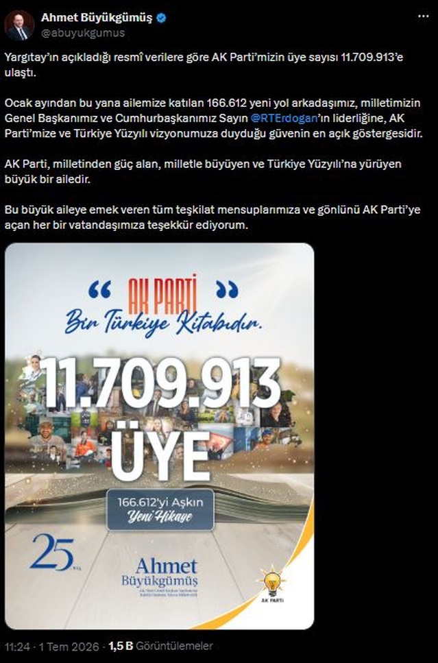 AK Parti üye sayısı 11,7 milyonu aştı