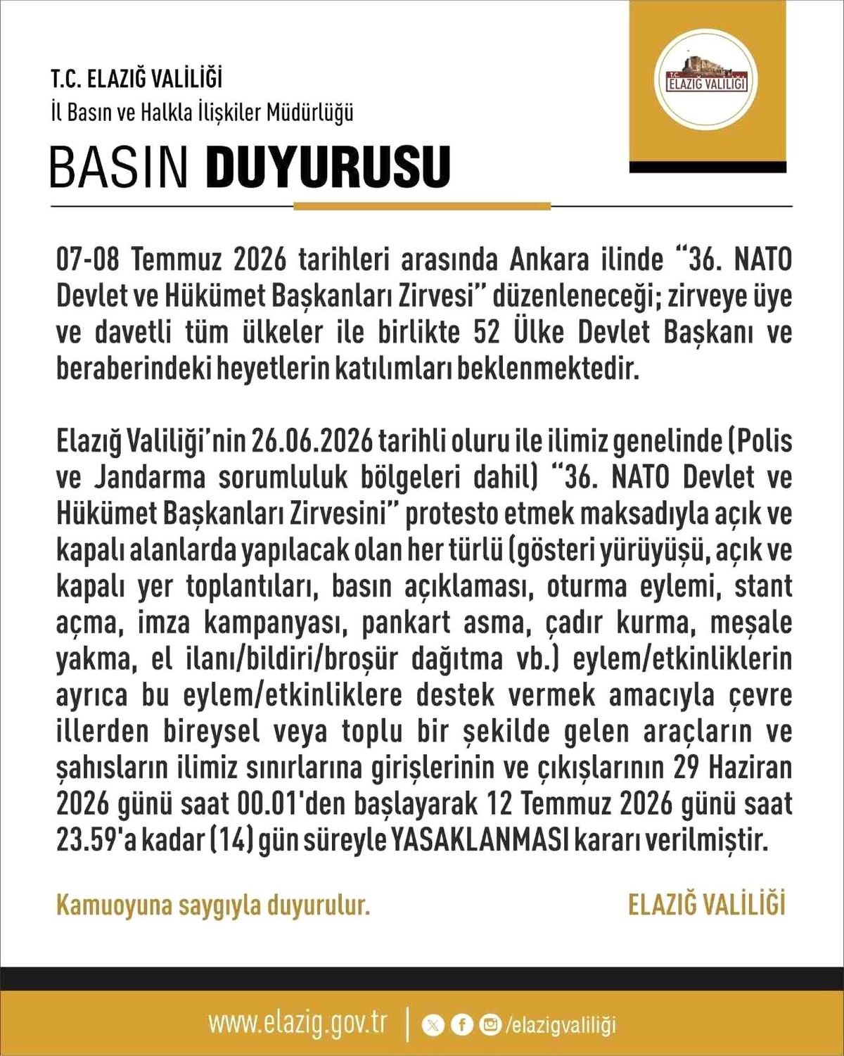 Elazığ\'da Etkinlikler 14 Gün Yasaklandı