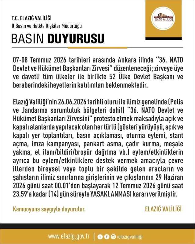 Elazığ’da Etkinlikler 14 Gün Yasaklandı