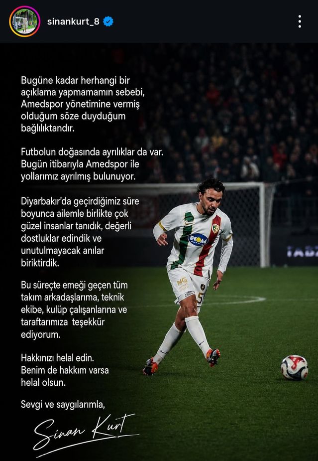 Sinan Kurt, Amedspor’dan Ayrıldığını Duyurdu