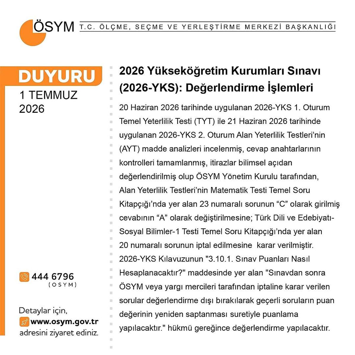 YKS\'de Soru İptali ve Cevap Değişikliği