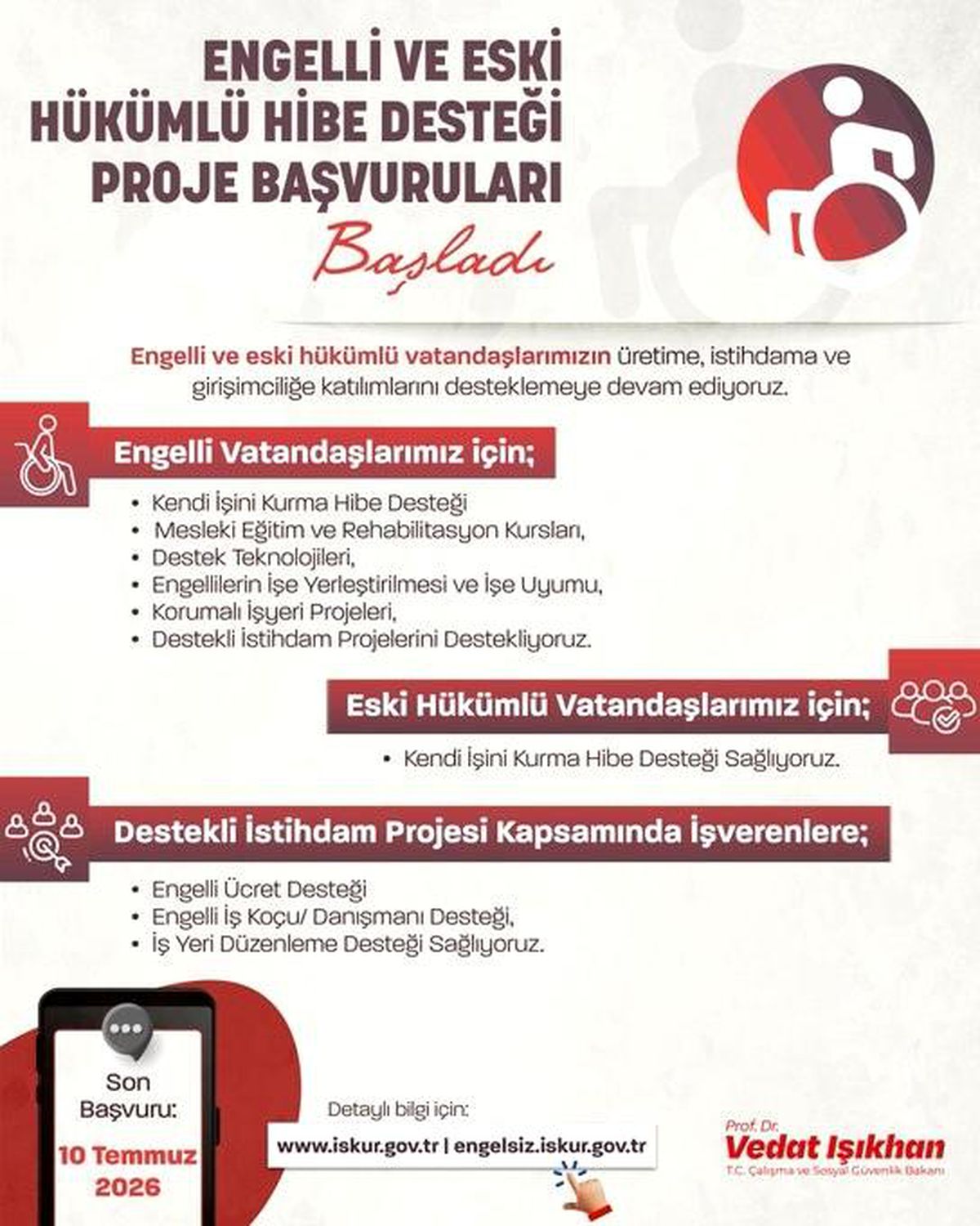 Engelli ve Eski Hükümlü Hibe Desteği Başladı