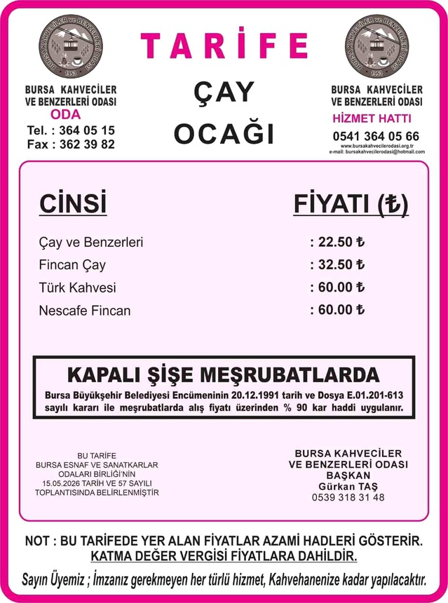 Bursa’da Çay ve Kahve Fiyatları Arttı