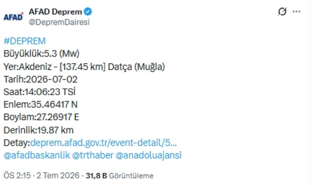 Muğla'nın Datça ilçesinde korkutan deprem