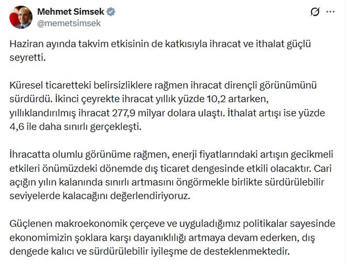 Şimşek: İhracatta Güçlü, Cari Açık Sınırlı Artacak