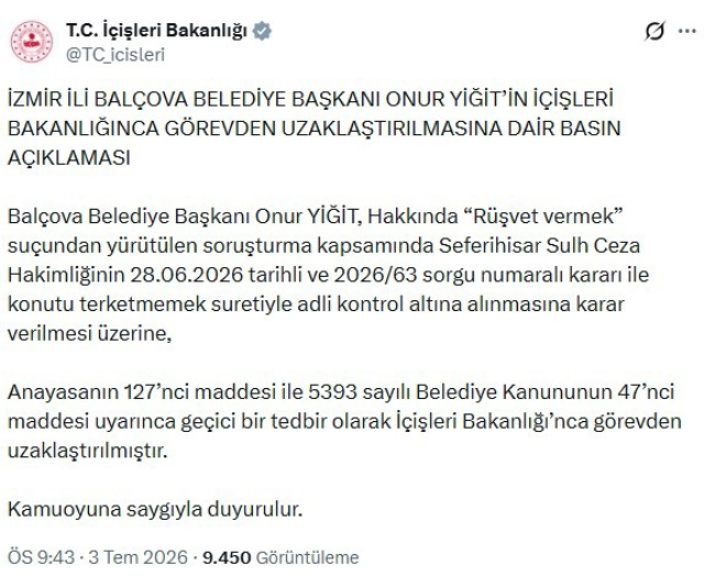 Balçova Belediye Başkanı Onur Yiğit görevinden uzaklaştırıldı