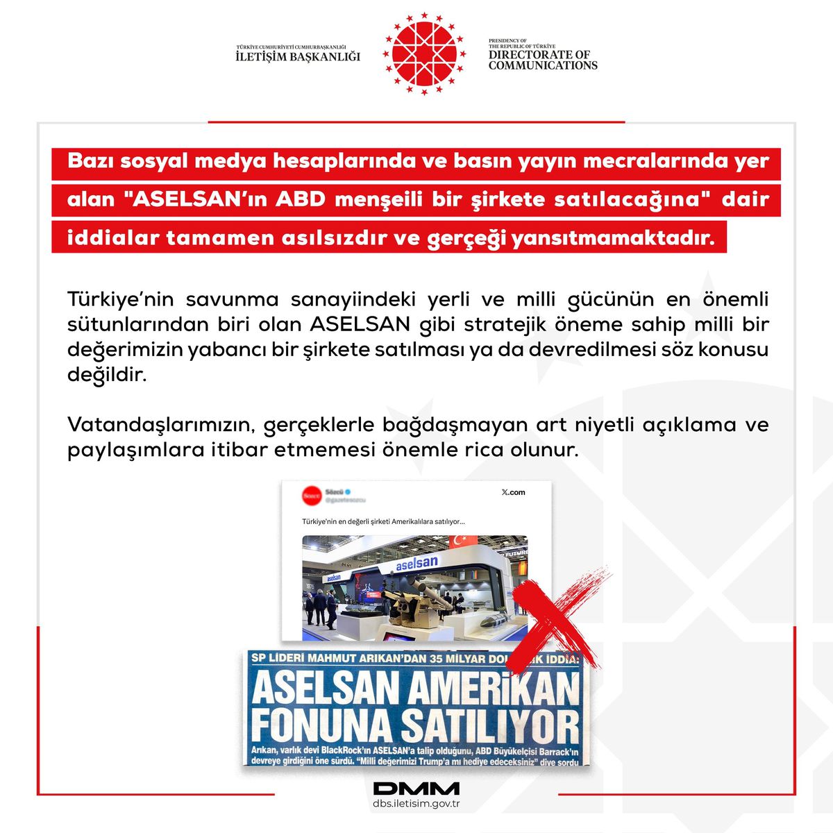 İletişim Başkanlığı\'ndan ASELSAN\'ın ABD\'li şirkete satılacağı iddiasına yalanlama